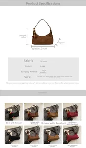 Detailed size chart and multi-color swatches of faux suede crossbody handbags