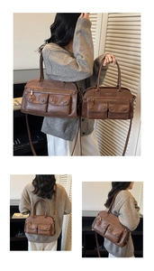 Size comparison between large and small retro brown faux leather tote bags with pockets
