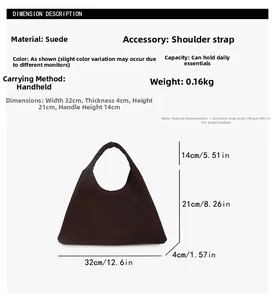Detailed size specifications and brown suede texture for this large shoulder tote bag