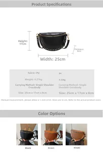 Detailed size and specs diagram for women PU leather saddle chest bag with rivets