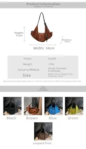 Detailed size specifications for the large suede shoulder bag with five color options