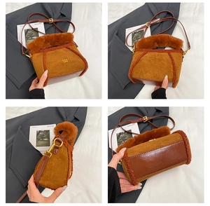 Dettagli della borsa a secchiello in pile marrone con base in pelle e tracolla regolabile