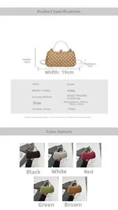Detailed specs of polka dot velvet mini bag with dimensions and metal handle features