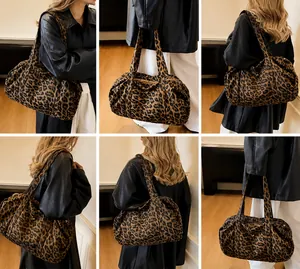 Detailed multi-angle view of large leopard print tote bag styled on model