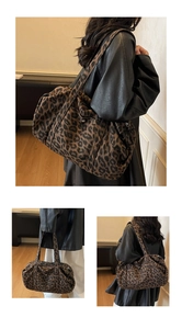Three-angle view of leopard print tote bag styled with a black leather jacket