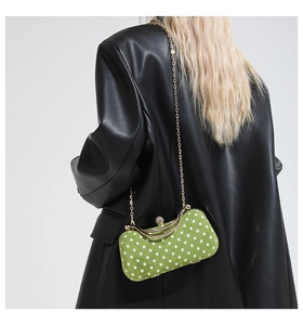 Polka dot green box bag with gold chain strap shown on model in black leather jacket