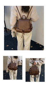Detail of brown faux leather pleated backpack with drawstring and side pockets for women