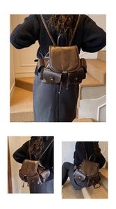 Close-up of retro brown pleated backpack with silver buckle details and drawstring closure