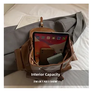 Internal capacity of brown vintage backpack showing tablet, phone, and daily items