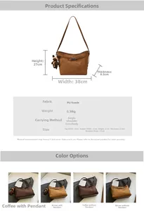 Detailed dimension guide for large brown PU suede tote bag with bear charm and strap length