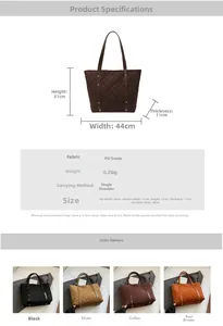 Detailed size chart for the quilted tote bag showing dimensions and four color options