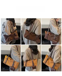 Detailed views of vintage faux suede tote bags in dark coffee and tan with mini pouches