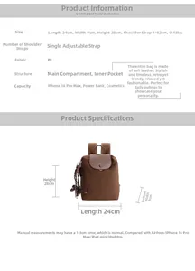 Size chart showing 24x9x28cm dimensions for the brown nylon commute backpack