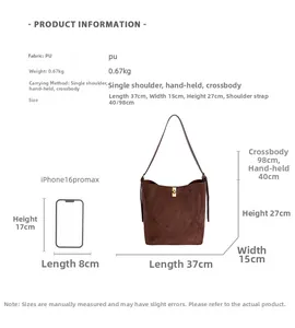Brown PU leather bucket bag dimensions and specifications with size comparison model