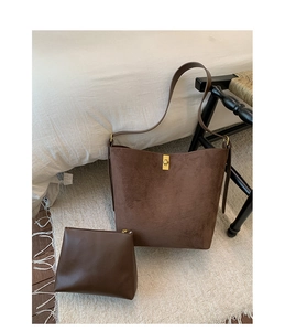 Brown suede tote bag set with golden twist lock and matching leather pouch insert