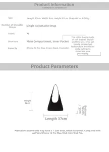 Size guide for large PU leather tote bag showing dimensions and adjustable strap details