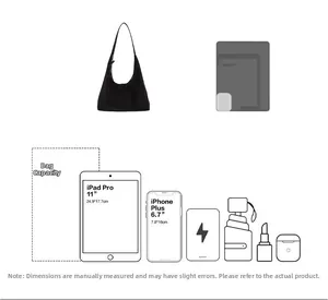 Size guide showing black tote bag capacity for 11-inch iPad, umbrella, and accessories