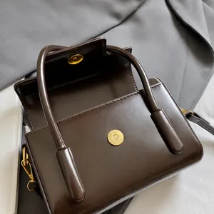Detail of the golden magnetic buckle and shiny brown leather texture on handbag