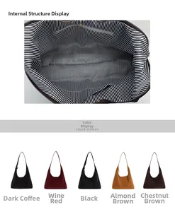Detail of striped fabric lining and zippered pocket inside the suede tote bag