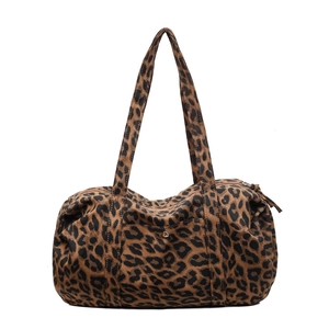 Large leopard print tote bag with double handles and front pocket in brown finish
