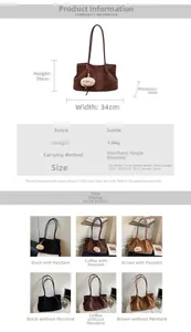 Detailed size chart for vintage suede tote bag with dimensions and weight specs