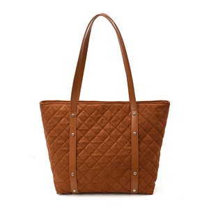 Brown quilted suede tote bag for women with leather straps and silver rivet details