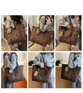 Detail shots of leopard print tote bag with bear charm shown in multiple perspectives