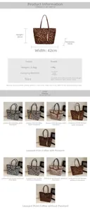 Detailed size chart and multi-color swatches of large suede leopard tote bag