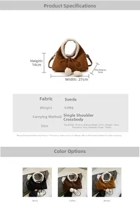 Tableau des tailles du sac en daim avec largeur de 27cm et détails en imitation mouton