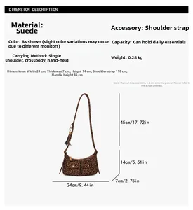 Detailed size specifications for leopard print suede baguette bag with triple carry options