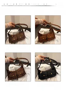 Detail view of four vintage baguette bags in coffee, brown, leopard and black suede