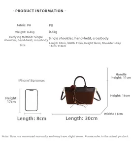Detailed dimension guide for brown leopard accent handbag with phone size comparison