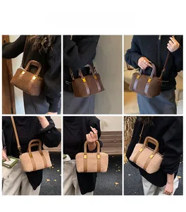 Sherpa fleece texture handbag with leather straps shown on model from multiple angles