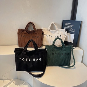 Retro corduroy tote bag with letter embroidery and adjustable strap in four colors