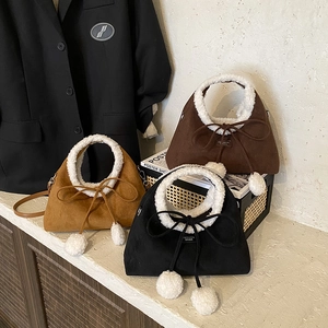 Retro faux suede bucket bags with plush faux shearling trim and bow in multiple colors