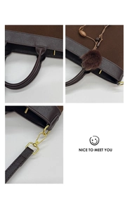Detailed close-up of dark brown leopard tote bag with golden hardware and plush pendant