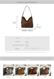 Detailed size chart and multi-color options for leopard print patchwork tote bag
