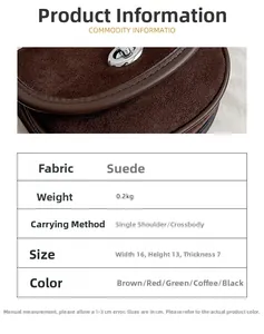 Detail view of brown suede saddle bag showing 16x13x7cm size and metal buckle closure