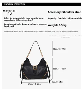 Detaillierte Maßtabelle für schwarze PU-Leder Handtasche mit Maßen 34x28x9cm und Goldkette