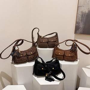 Retro faux suede baguette bag with double front pockets and adjustable straps in four colors