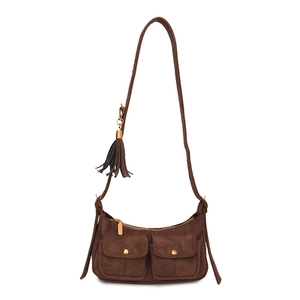 Retro brown suede baguette bag with tassel detail and dual front pockets for daily wear