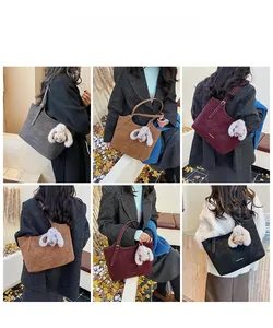 Collage of model wearing a vintage tote bag with cute rabbit pendant in autumn setting