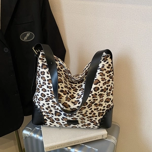 Vintage Faux Suede Leopard Print Shoulder Bag For Women PU Leather Patchwork Large Capacity Underarm Bag Whipstitch Fashion