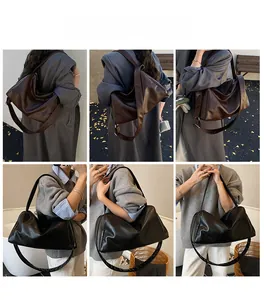 Detail shots of large capacity slouchy tote bags in black and dark brown smooth leather