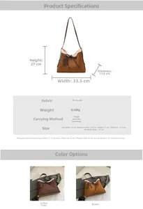Detailed size chart for retro large capacity bucket bag showing dimensions and PU material