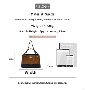 Detailed size chart for quilted suede tote bag showing dimensions and capacity specs