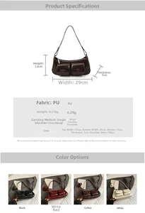 Detailed size chart and specifications for vintage glossy PU leather shoulder baguette bag