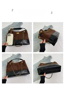 Detailed four-angle view of large quilted tote with chain strap and matte finish