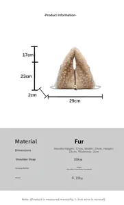Detailed size chart for plush faux fur shoulder bag with chain strap measurements