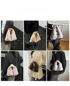 Detail of plush bucket bags with metal chains, faux fur textures, and gold ball charms